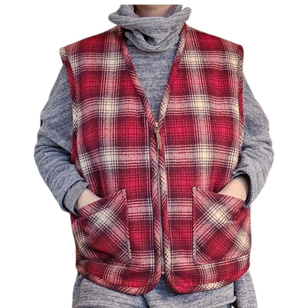 Vintage Banana Republic Wool Blend Vest Large Plaid Zip Sherpa Lined Red